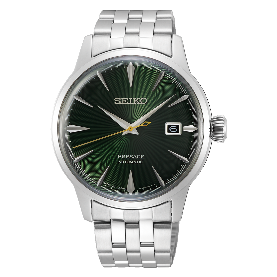 Seiko Presage Cocktail Time Automatico Uomo 40,5 mm Acciaio Quadrante Verde Vetro Hardlex Box-Shaped Data Bracciale Acciaio 50 m Made in Japan Ref. SRPE15J1