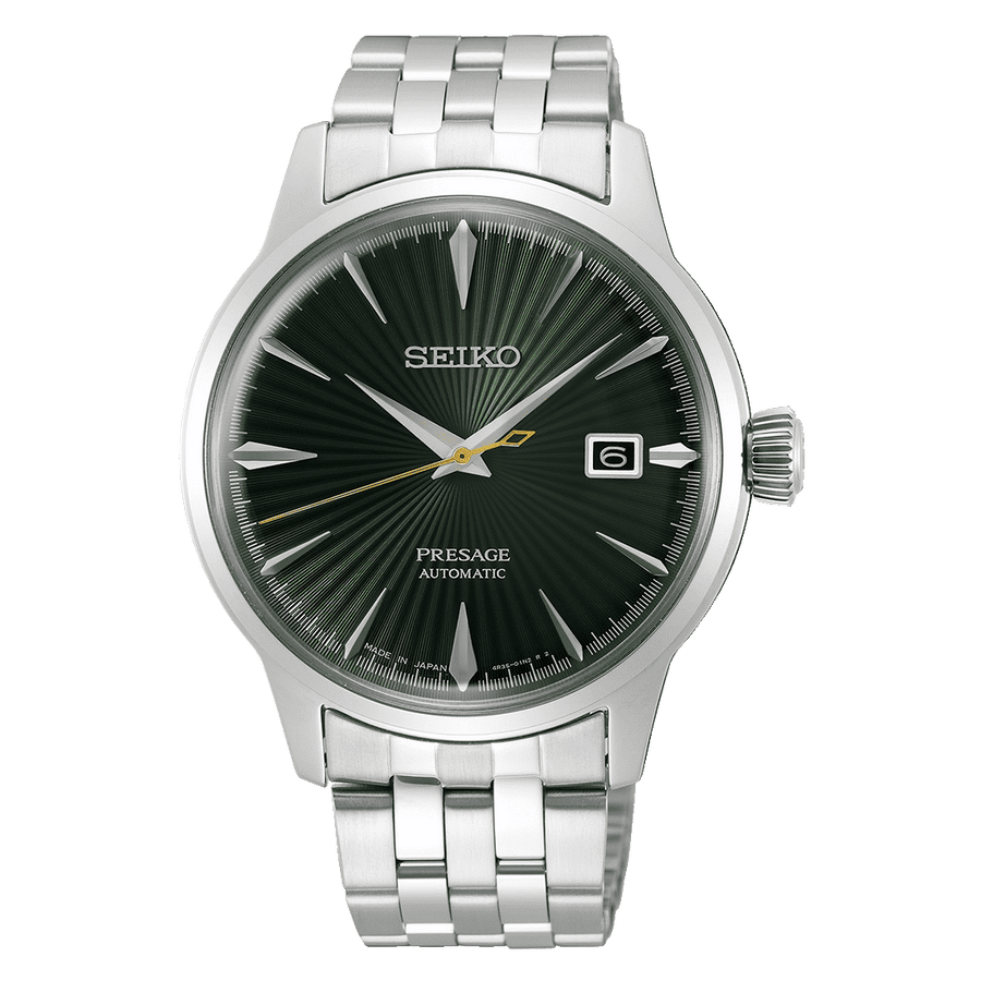 Seiko Presage Cocktail Time Automatico Uomo 40,5 mm Acciaio Quadrante Verde Vetro Hardlex Box-Shaped Data Bracciale Acciaio 50 m Made in Japan Ref. SRPE15J1