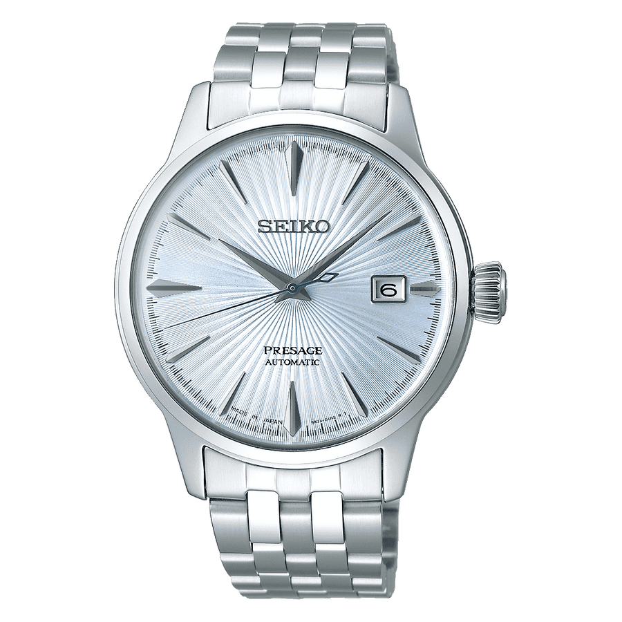 Seiko Presage Cocktail Time Skydiving Automatico Uomo 40,5 mm Acciaio Quadrante Azzurro Soleil Vetro Hardlex Box-Shaped Data Bracciale Acciaio 50 m Made in Japan Ref. SRPE19J1