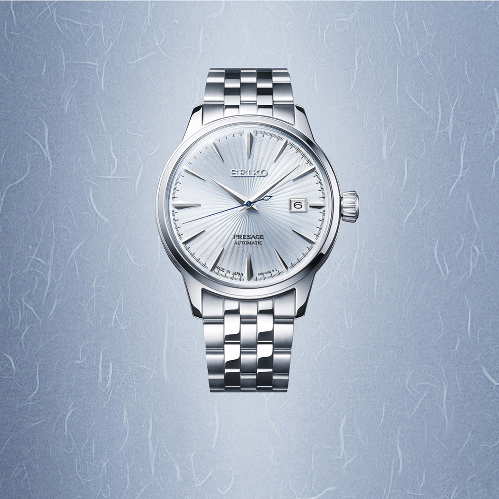 Seiko Presage Cocktail Time Skydiving Automatico Uomo 40,5 mm Acciaio Quadrante Azzurro Soleil Vetro Hardlex Box-Shaped Data Bracciale Acciaio 50 m Made in Japan Ref. SRPE19J1 Oasi Watch