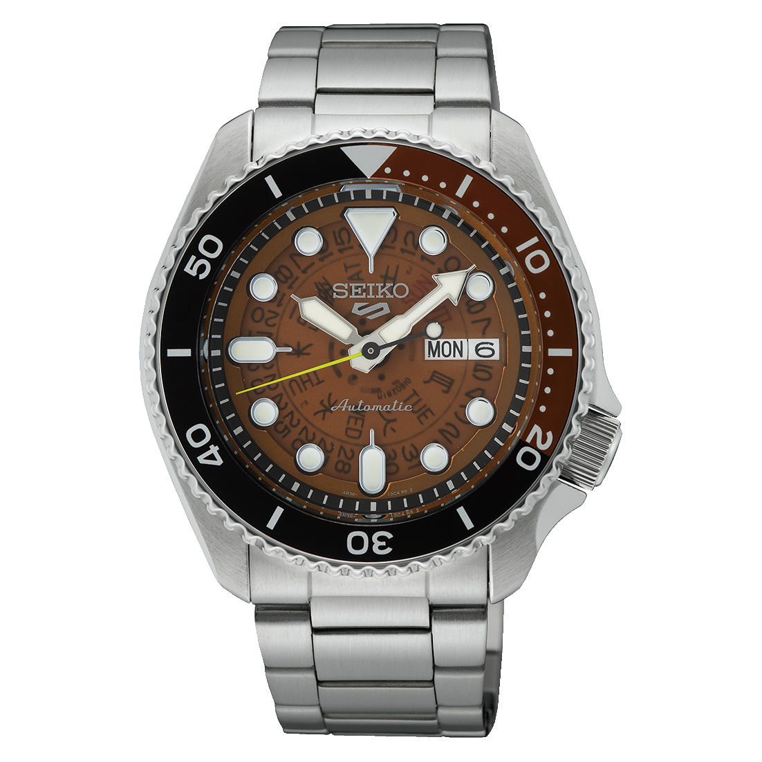 Seiko 5 Sports SKX Time Sonar Automatico Uomo 42,5 mm Acciaio Quadrante Arancione Trasparente Lunetta Girevole Bicolore Vetro Hardlex Giorno e Data Bracciale Acciaio 100 m Ref. SRPJ47K1