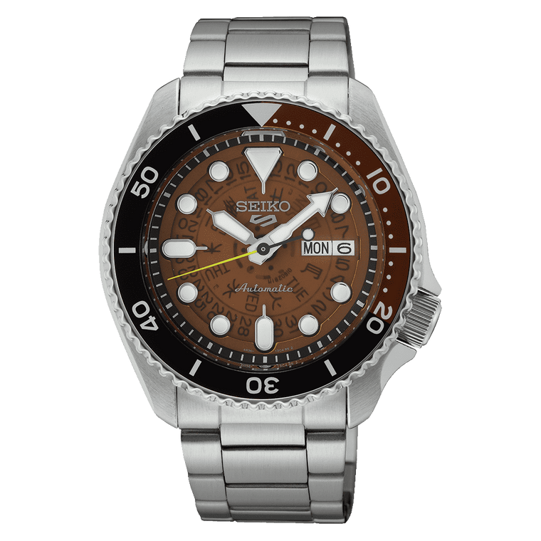 Seiko 5 Sports SKX Time Sonar Automatico Uomo 42,5 mm Acciaio Quadrante Arancione Trasparente Lunetta Girevole Bicolore Vetro Hardlex Giorno e Data Bracciale Acciaio 100 m Ref. SRPJ47K1