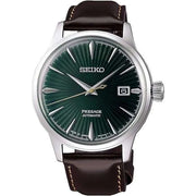 Orologio automatico uomo Seiko Presage con quadrante verde scuro e cinturino in pelle marrone