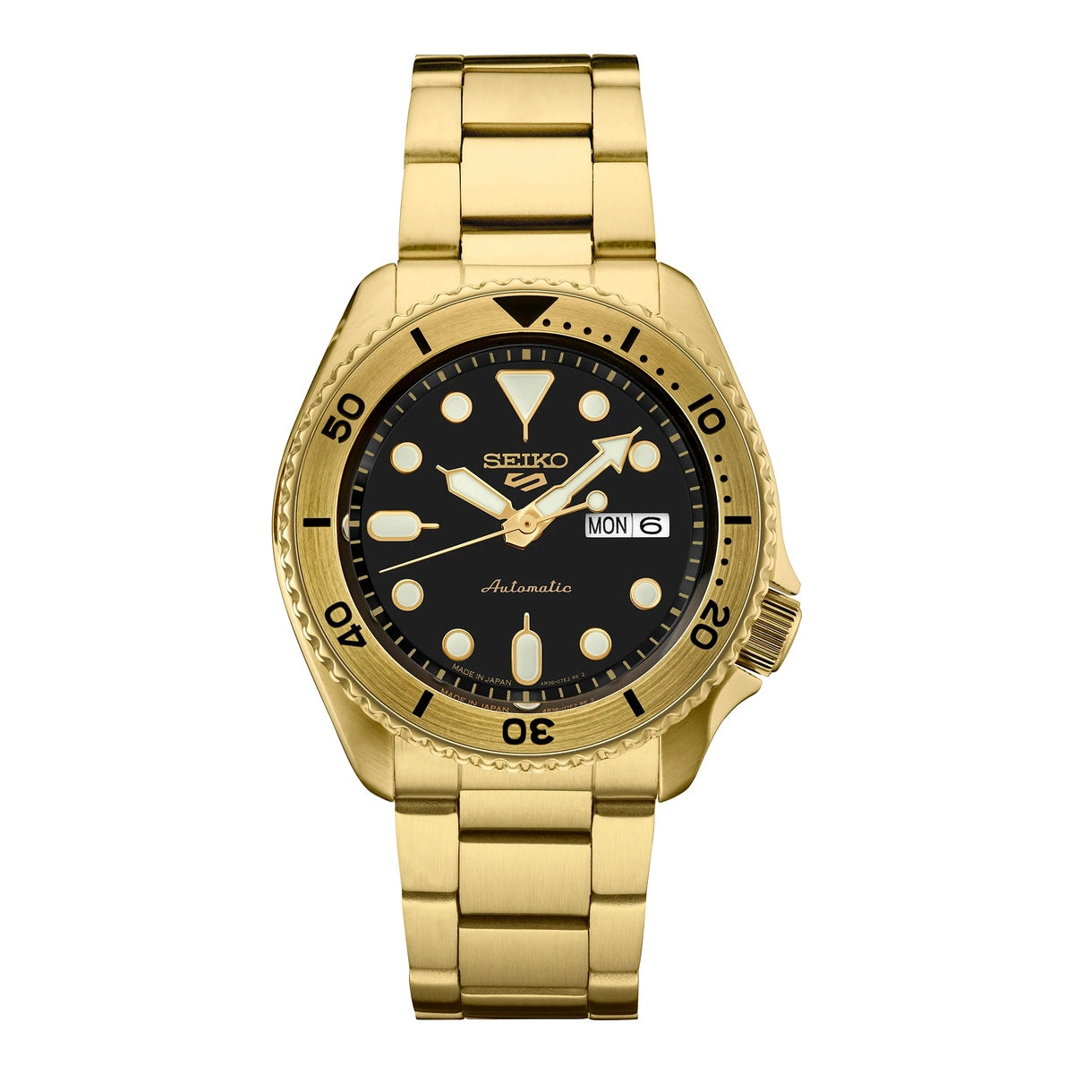 Seiko 5 Sports SKX Automatico Uomo 42,5 mm Acciaio Oro Quadrante Nero Lunetta Girevole Unidirezionale Oro Vetro Hardlex Day-Date Bracciale Acciaio Oro 100 m Ref. SRPK18 Oasi Watch