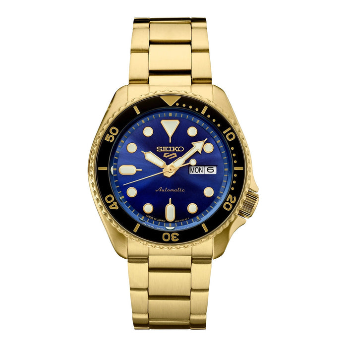 Seiko 5 Sports SKX Automatico Uomo 42,5 mm Acciaio Oro Quadrante Blu Zaffiro Soleil Lunetta Girevole Oro Vetro Hardlex Day-Date Bracciale Acciaio Oro 100 m Ref. SRPK20
