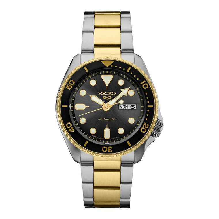 Seiko 5 Sports SKX Automatico Uomo 42,5 mm Acciaio Bicolore Oro Quadrante Grigio Antracite Soleil Lunetta Girevole Nera Vetro Hardlex Day-Date Bracciale Acciaio Bicolore 100 m Ref. SRPK22