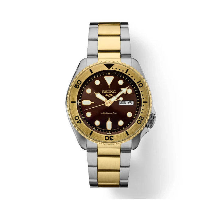 Seiko 5 Sports SKX Automatico Uomo 42,5 mm Acciaio Bicolore Oro Quadrante Marrone Soleil Lunetta Girevole Oro Vetro Hardlex Day-Date Bracciale Acciaio Bicolore 100 m Ref. SRPK24