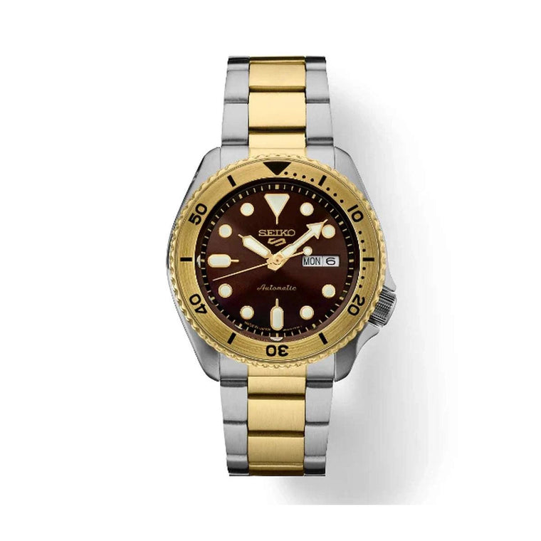 Seiko 5 Sports SKX Automatico Uomo 42,5 mm Acciaio Bicolore Oro Quadrante Marrone Soleil Lunetta Girevole Oro Vetro Hardlex Day-Date Bracciale Acciaio Bicolore 100 m Ref. SRPK24