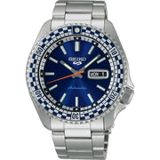 Orologio automatico uomo con quadrante blu petrolio, lunetta scacchi e bracciale in acciaio