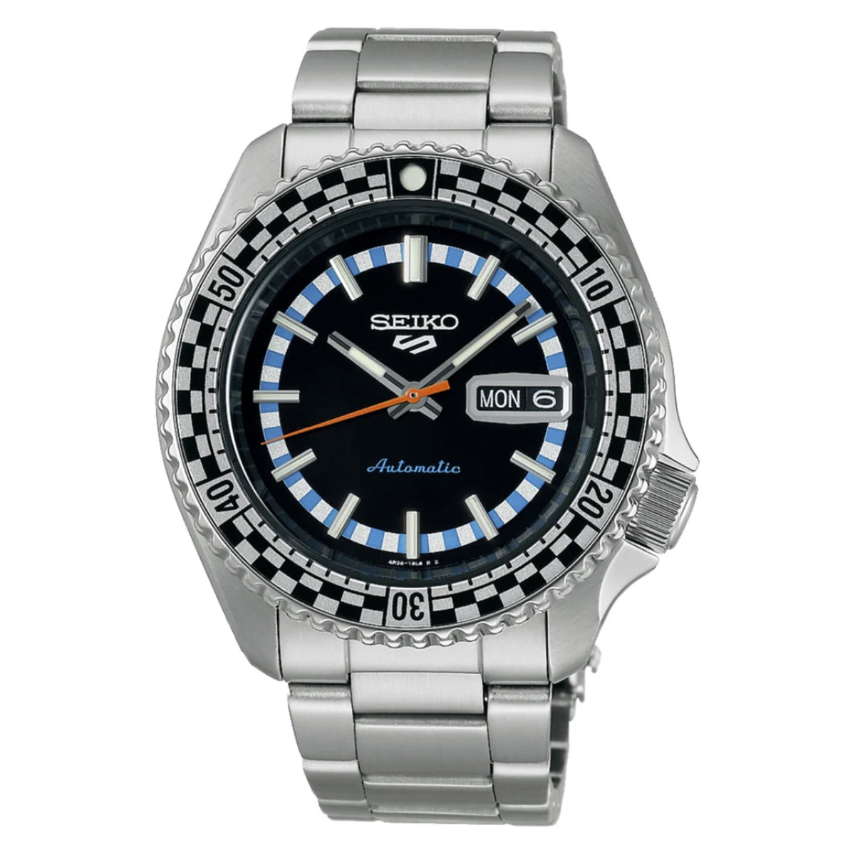 Seiko 5 Sports Checker Flag Special Edition Automatico Uomo 42,5 mm Acciaio Quadrante Nero Lunetta Girevole a Scacchi Vetro Hardlex Curvo Giorno e Data Bracciale Acciaio 100 m Ref. SRPK67K1 Oasi Watch