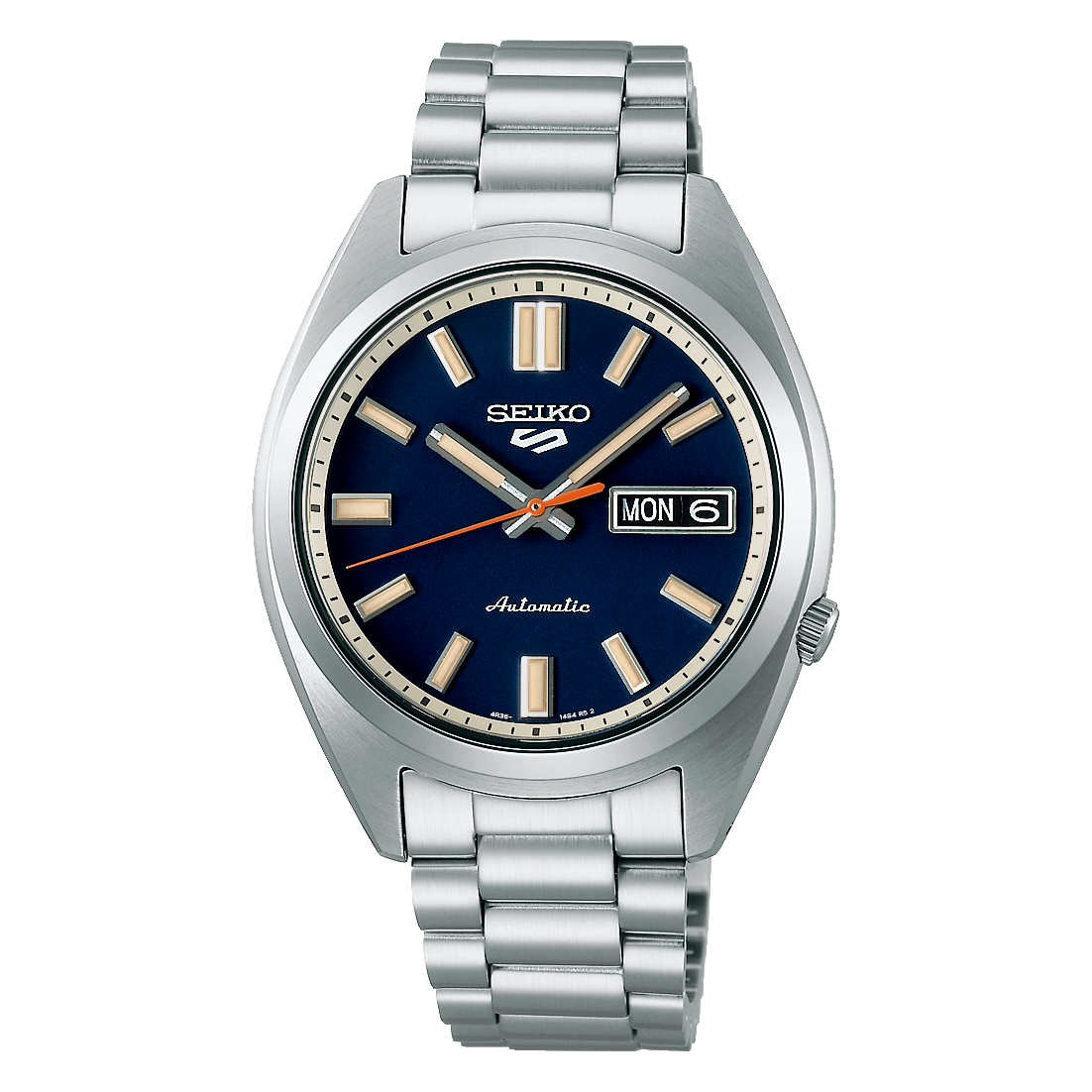 Seiko 5 Sports SNXS Automatico Uomo 37,4 mm Acciaio Quadrante Blu Navy Lancetta Secondi Arancione Vetro Hardlex Curvo Giorno e Data Bracciale Acciaio 100 m Ref. SRPK87K1 Oasi Watch