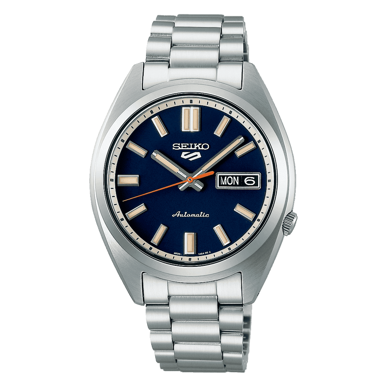 Seiko 5 Sports SNXS Automatico Uomo 37,4 mm Acciaio Quadrante Blu Navy Lancetta Secondi Arancione Vetro Hardlex Curvo Giorno e Data Bracciale Acciaio 100 m Ref. SRPK87K1