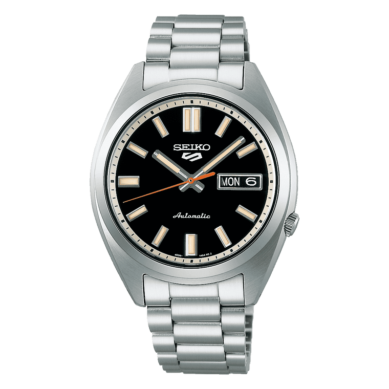 Seiko 5 Sports SNXS Automatico Uomo 37,4 mm Acciaio Quadrante Nero Lancetta Secondi Arancione Vetro Hardlex Curvo Giorno e Data Bracciale Acciaio 100 m Ref. SRPK89K1