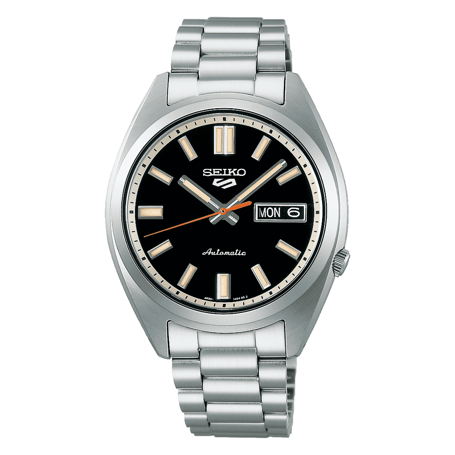 Seiko 5 Sports SNXS Automatico Uomo 37,4 mm Acciaio Quadrante Nero Lancetta Secondi Arancione Vetro Hardlex Curvo Giorno e Data Bracciale Acciaio 100 m Ref. SRPK89K1