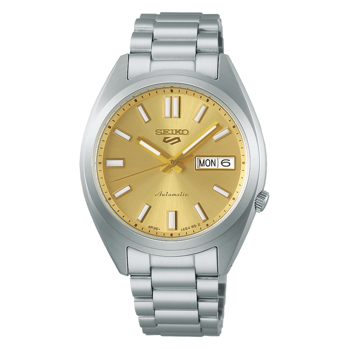 Seiko 5 Sports SNXS Vintage Gold Automatico Uomo 37,4 mm Acciaio Quadrante Oro Soleil Vetro Hardlex Curvo Day-Date Bracciale Acciaio 100 m Ref. SRPL59K1