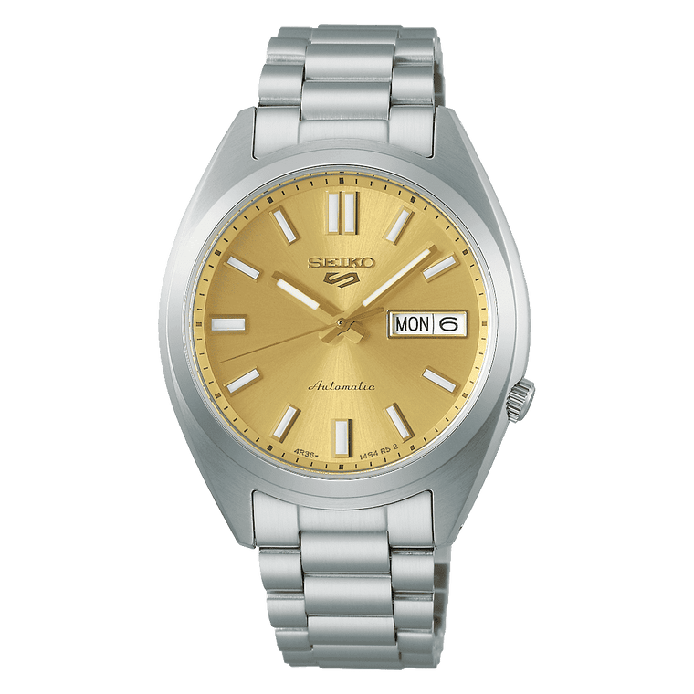 Seiko 5 Sports SNXS Vintage Gold Automatico Uomo 37,4 mm Acciaio Quadrante Oro Soleil Vetro Hardlex Curvo Day-Date Bracciale Acciaio 100 m Ref. SRPL59K1