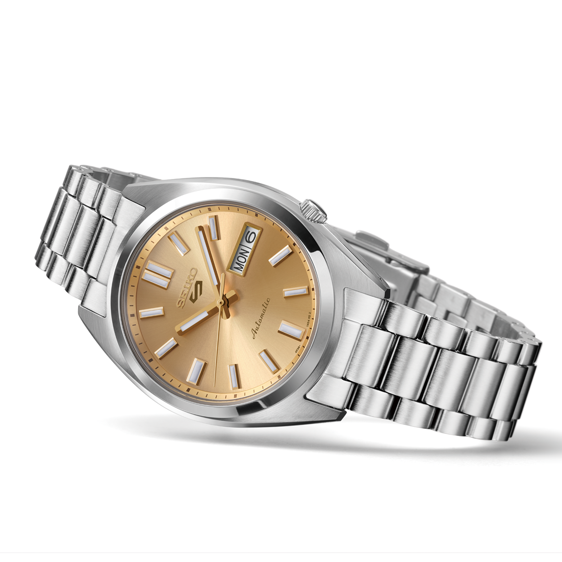 Seiko 5 Sports SNXS Vintage Gold Automatico Uomo 37,4 mm Acciaio Quadrante Oro Soleil Vetro Hardlex Curvo Day-Date Bracciale Acciaio 100 m Ref. SRPL59K1 Oasi Watch