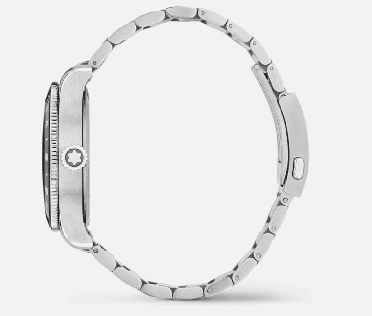 Orologio Montblanc con profilo laterale e cinturino in acciaio, chiusura visibile