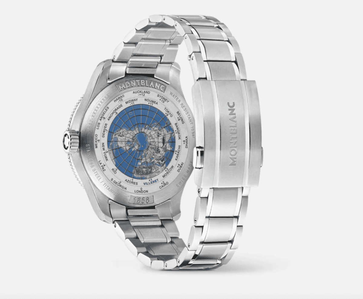 Orologio Montblanc con fondello in acciaio e incisione del mondo blu, vista posteriore