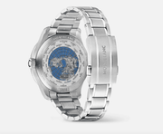 Orologio Montblanc con fondello in acciaio e incisione del mondo blu, vista posteriore