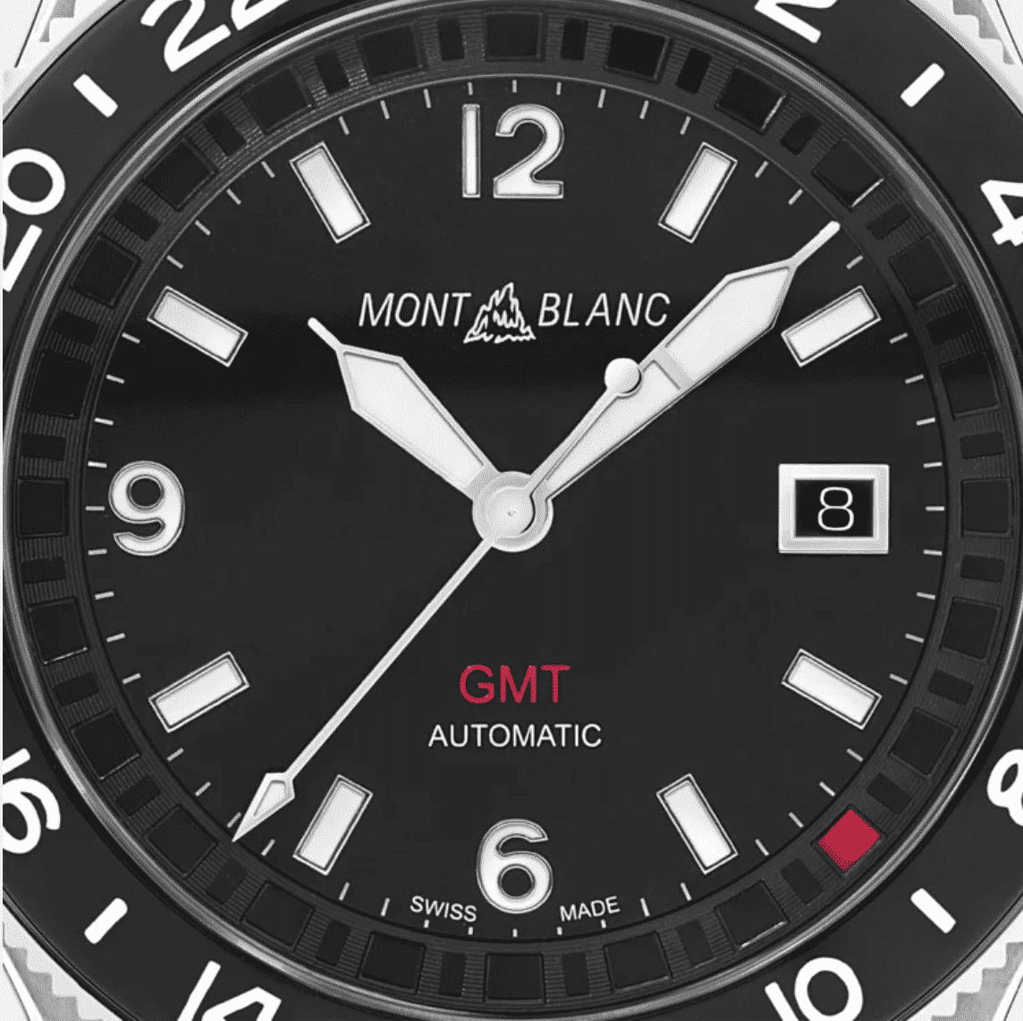 Quadrante nero GMT automatico Montblanc con indici luminescenti e datario 8