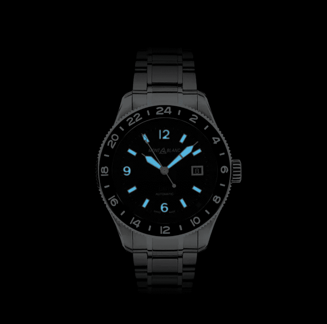 Orologio GMT nero Montblanc con indici luminescenti blu su quadrante nero
