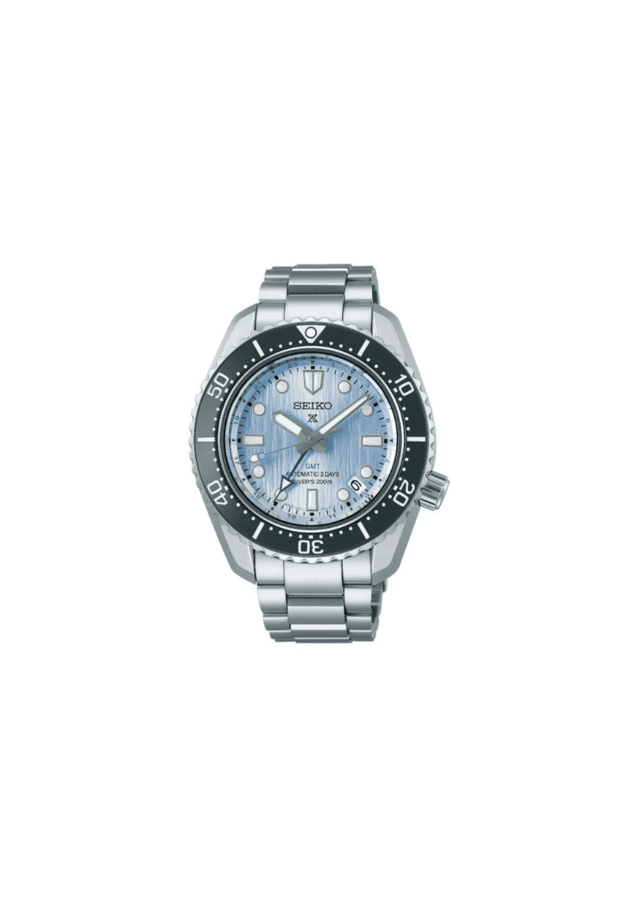 Orologio Seiko Prospex automatico GMT blu con quadrante bianco su bracciale in acciaio