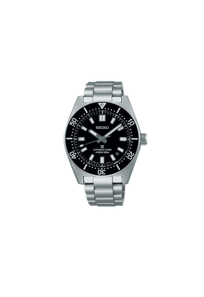 Orologio subacqueo automatico Seiko con quadrante nero e bracciale in acciaio
