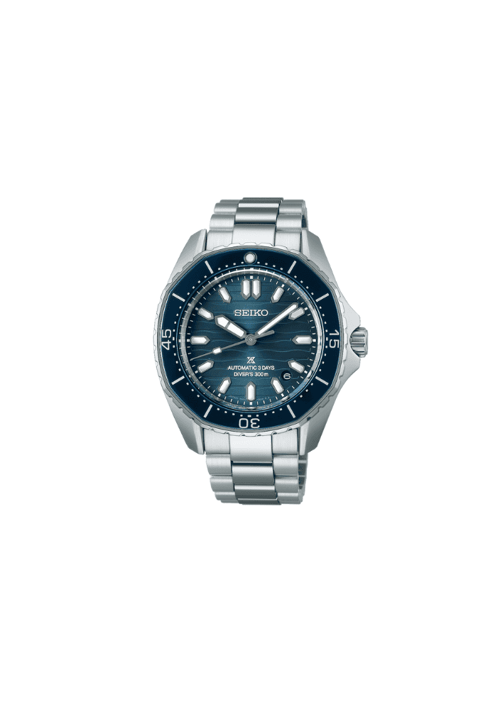 Orologio subacqueo Seiko in acciaio, quadrante blu, bracciale maglia e lunetta nera.