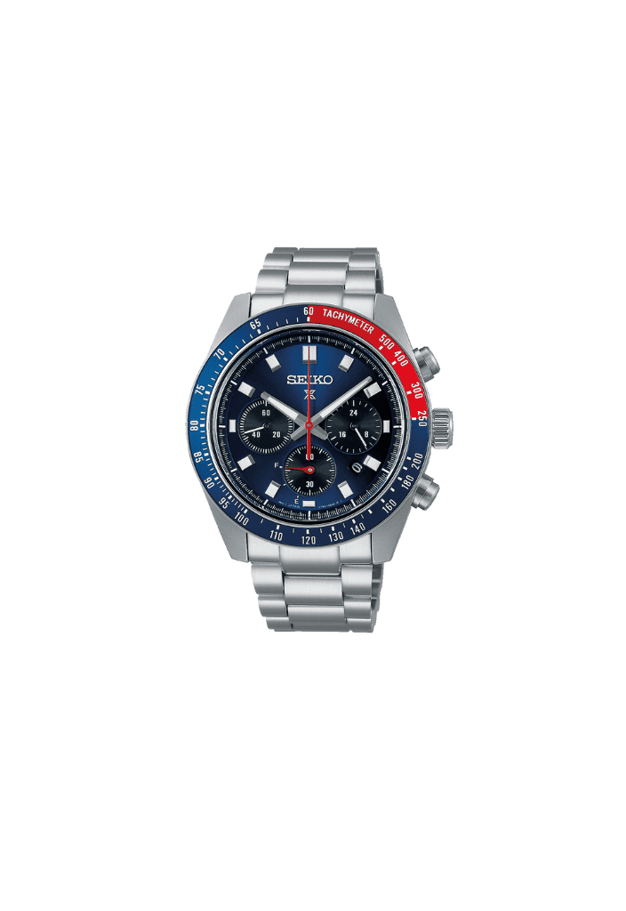 Orologio Seiko Prospex cronografo con lunetta blu e cinturino in acciaio, vista frontale