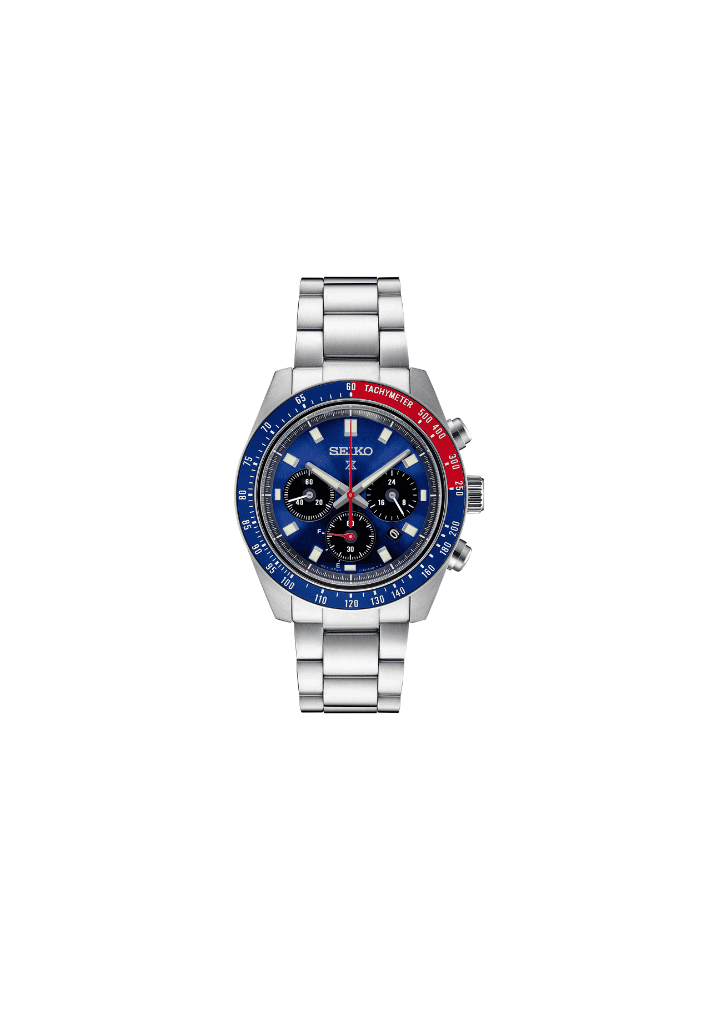 Orologio cronografo Seiko Prospex con quadrante blu scuro e cinturino in acciaio