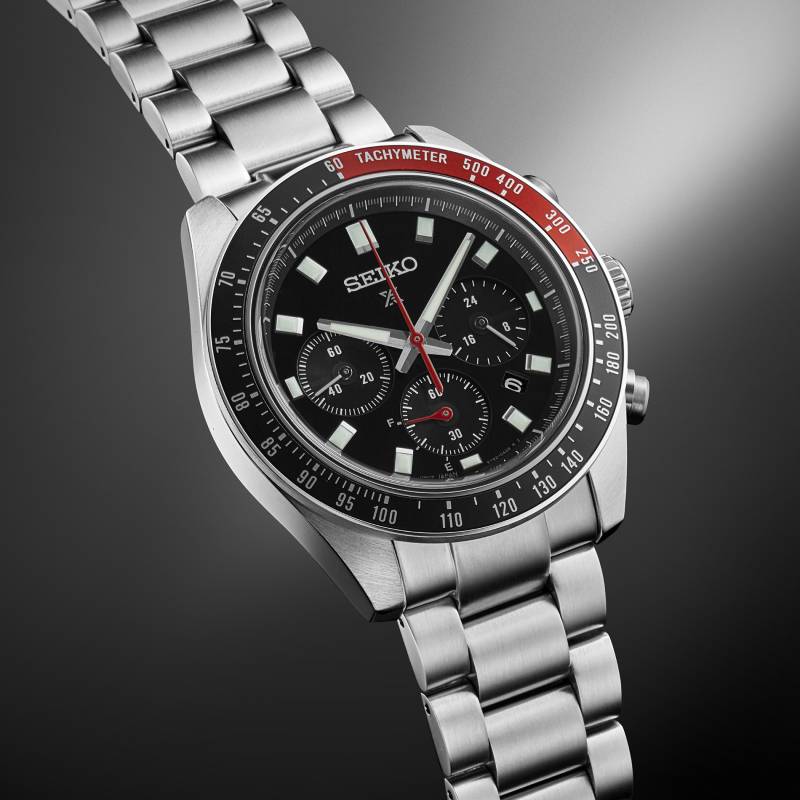 Orologio Seiko Prospex Speedtimer con tachimetro, quadrante nero e lancette rosse in acciaio