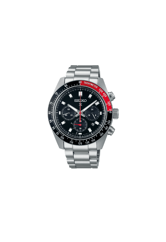 Orologio Seiko Prospex Speedtimer cronografo nero e rosso, bracciale acciaio