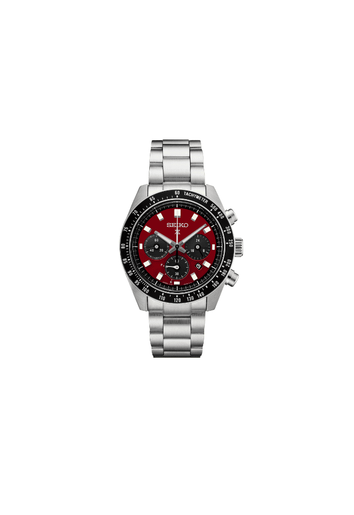 Orologio cronografo con quadrante nero e rosso, bracciale acciaio, 3 contatori