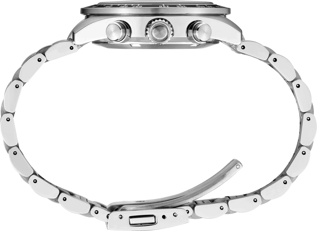 Lato dell’orologio cronografo: cassa acciaio, corona e pulsanti