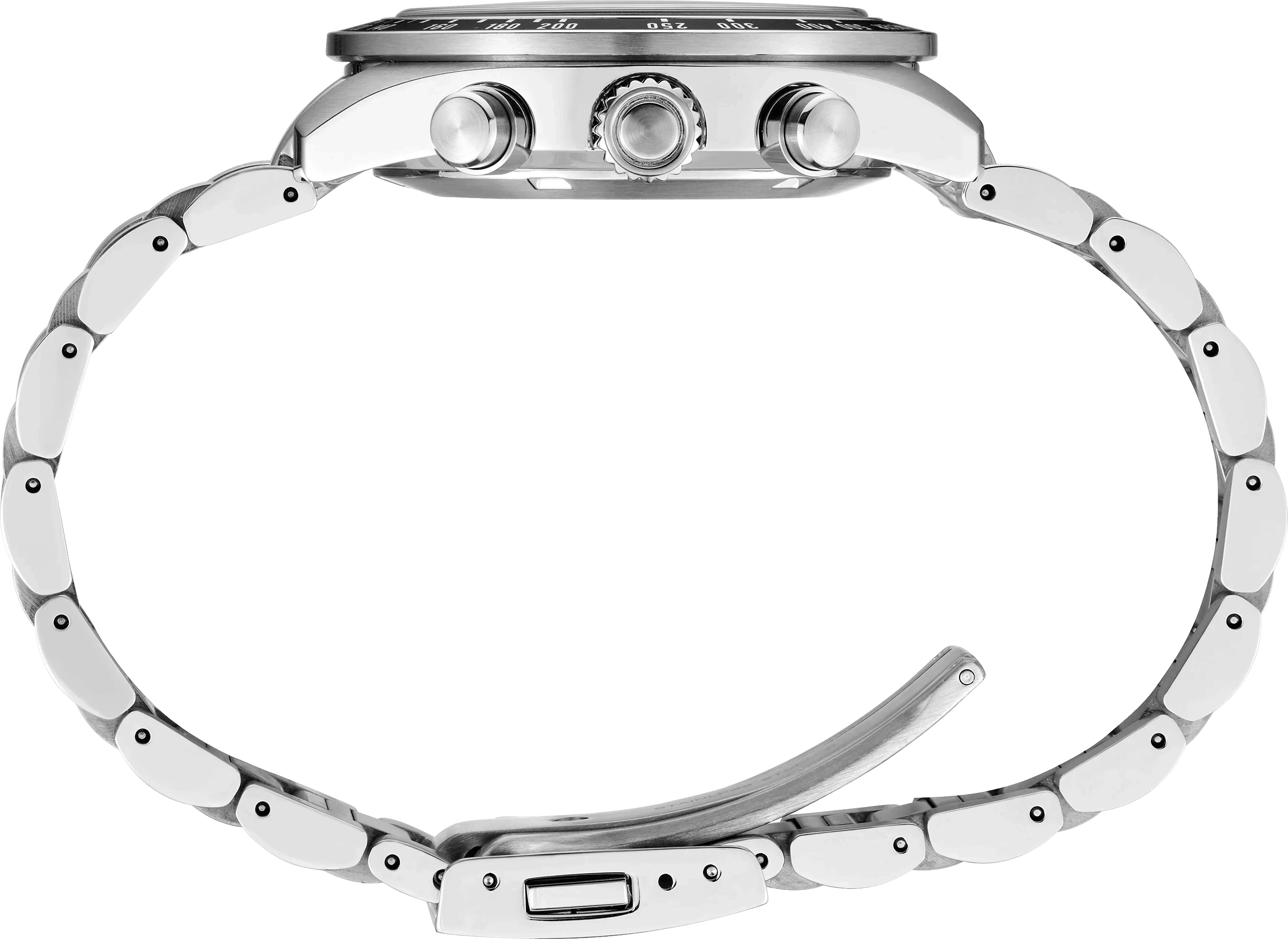 Lato dell’orologio cronografo: cassa acciaio, corona e pulsanti