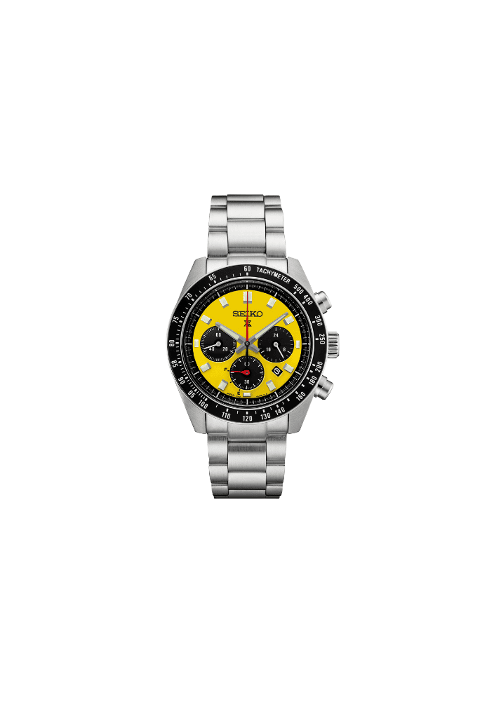 Orologio cronografo Seiko Prospex, quadrante giallo e nero, bracciale in acciaio