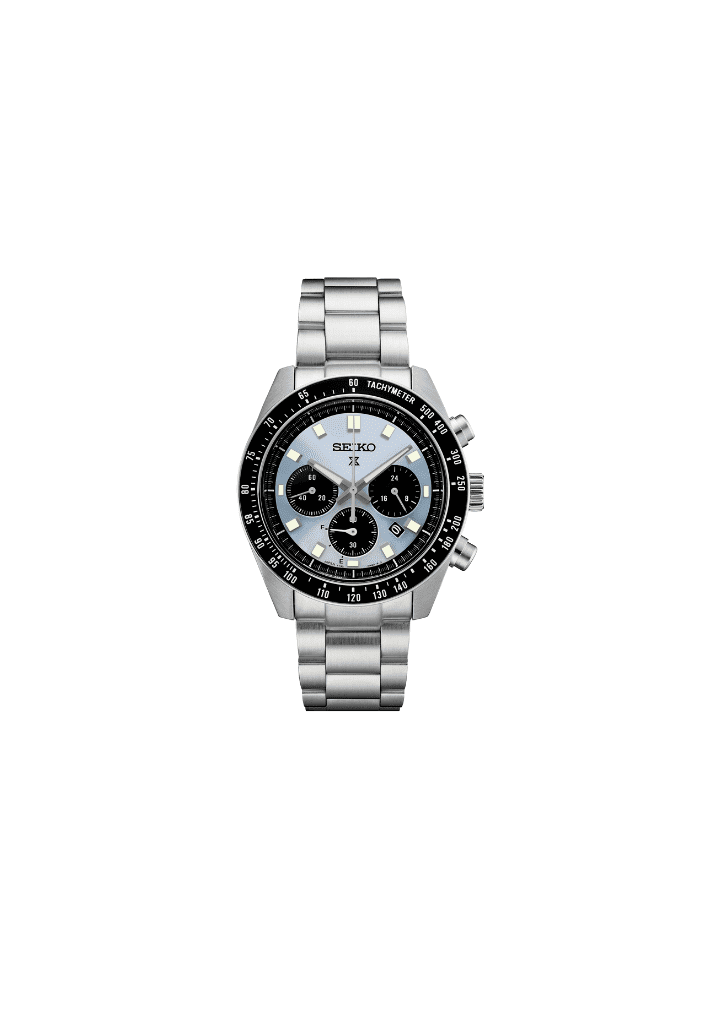 Orologio cronografo Seiko Prospex: quadrante nero con dettagli azzurri, bracciale acciaio
