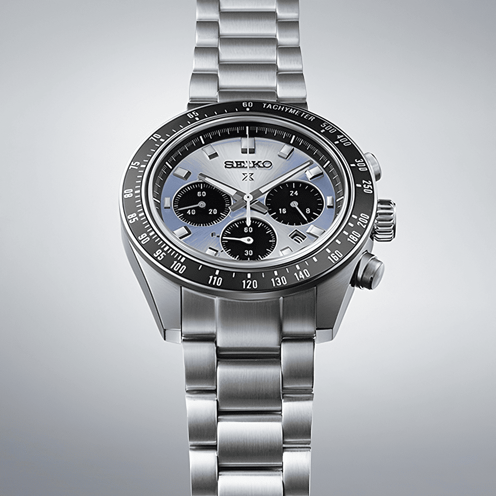 Orologio cronografo Seiko Prospex con tre subquadranti, quadrante azzurro-nero, bracciale