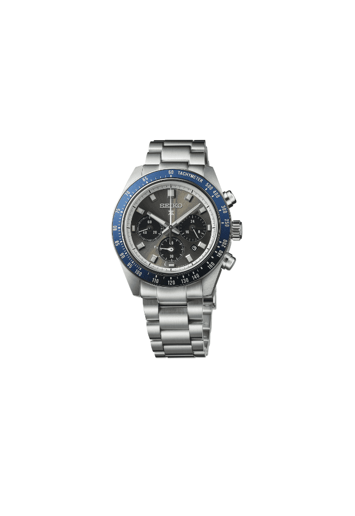 Orologio Seiko Prospex cronografo solare, quadrante grigio, ghiera blu, bracciale in acciaio