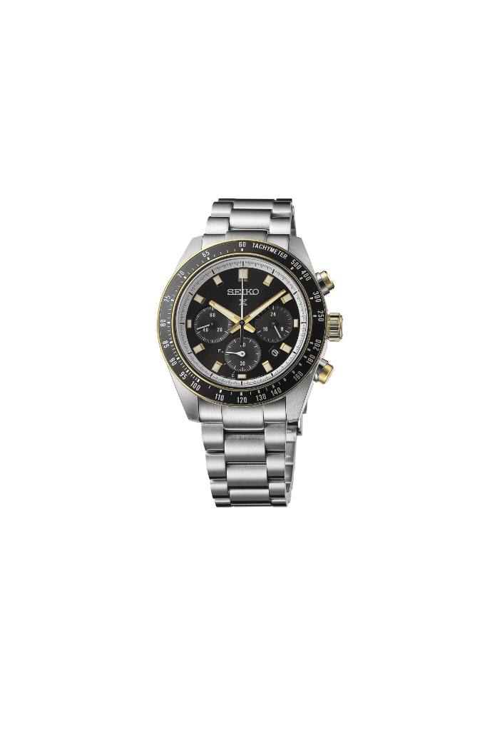 Orologio cronografo nero e oro con cinturino in acciaio