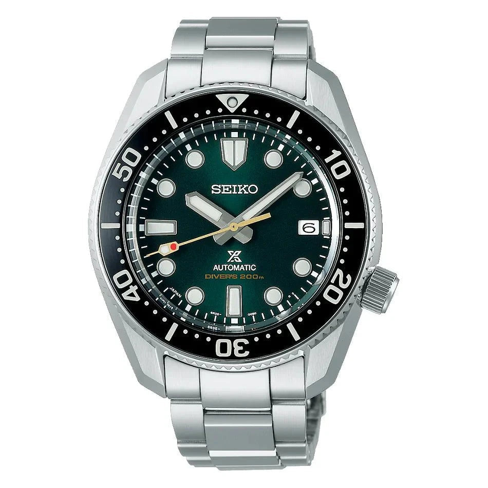 Orologio automatico Seiko verde, quadrante nero, dettagli subacquei, lunetta