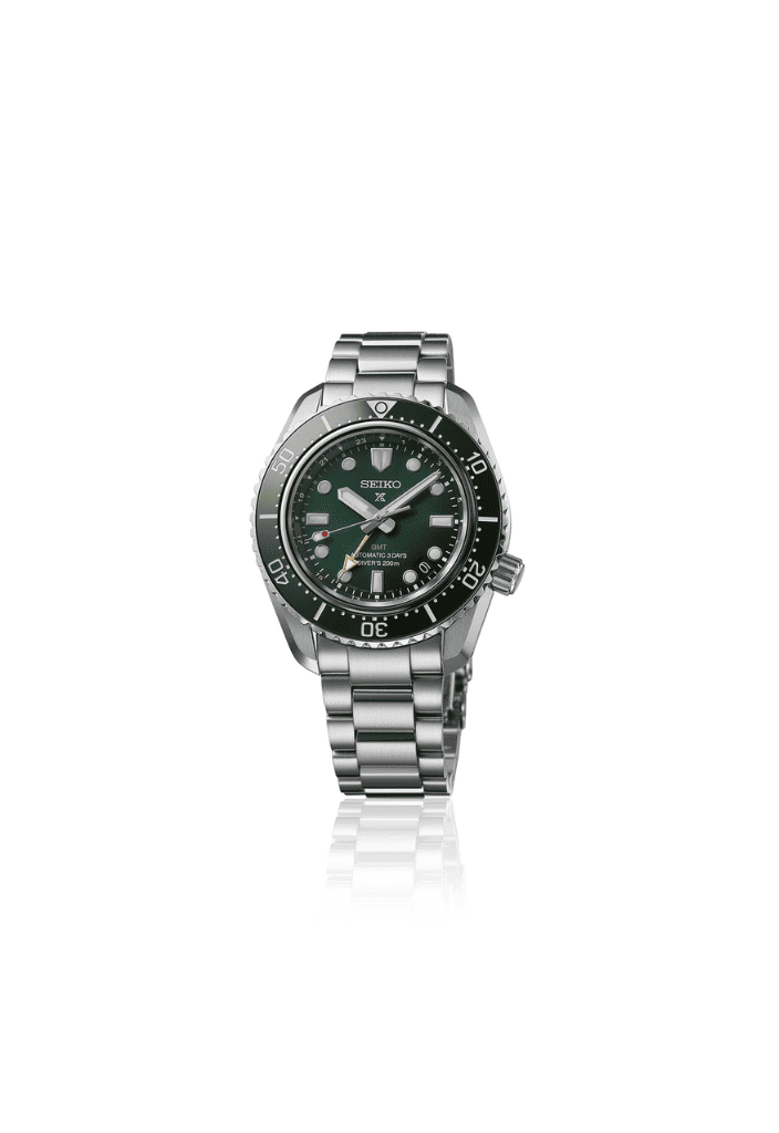 Orologio automatico GMT Seiko con quadrante verde e cinturino in acciaio 42 mm