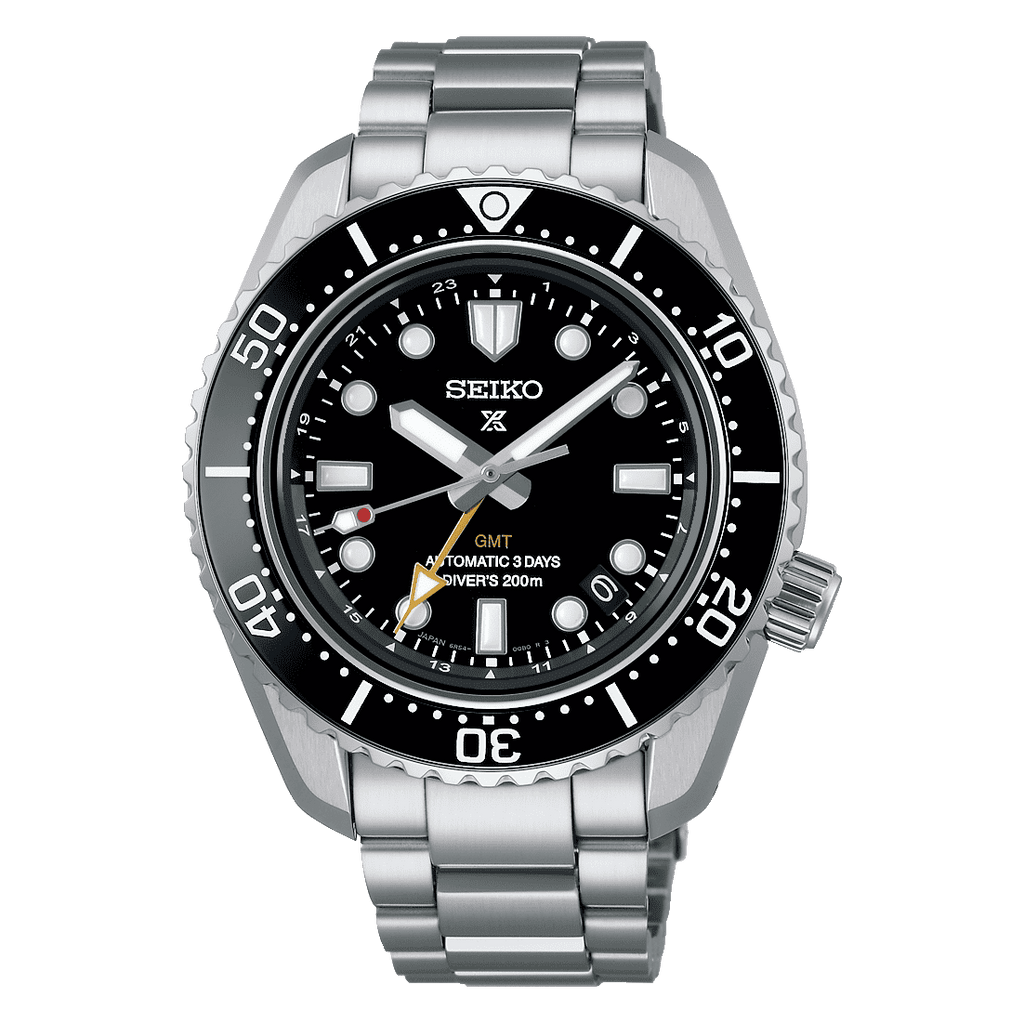 Orologio Seiko GMT Automatico con quadrante nero e lunetta nera, bracciale in acciaio