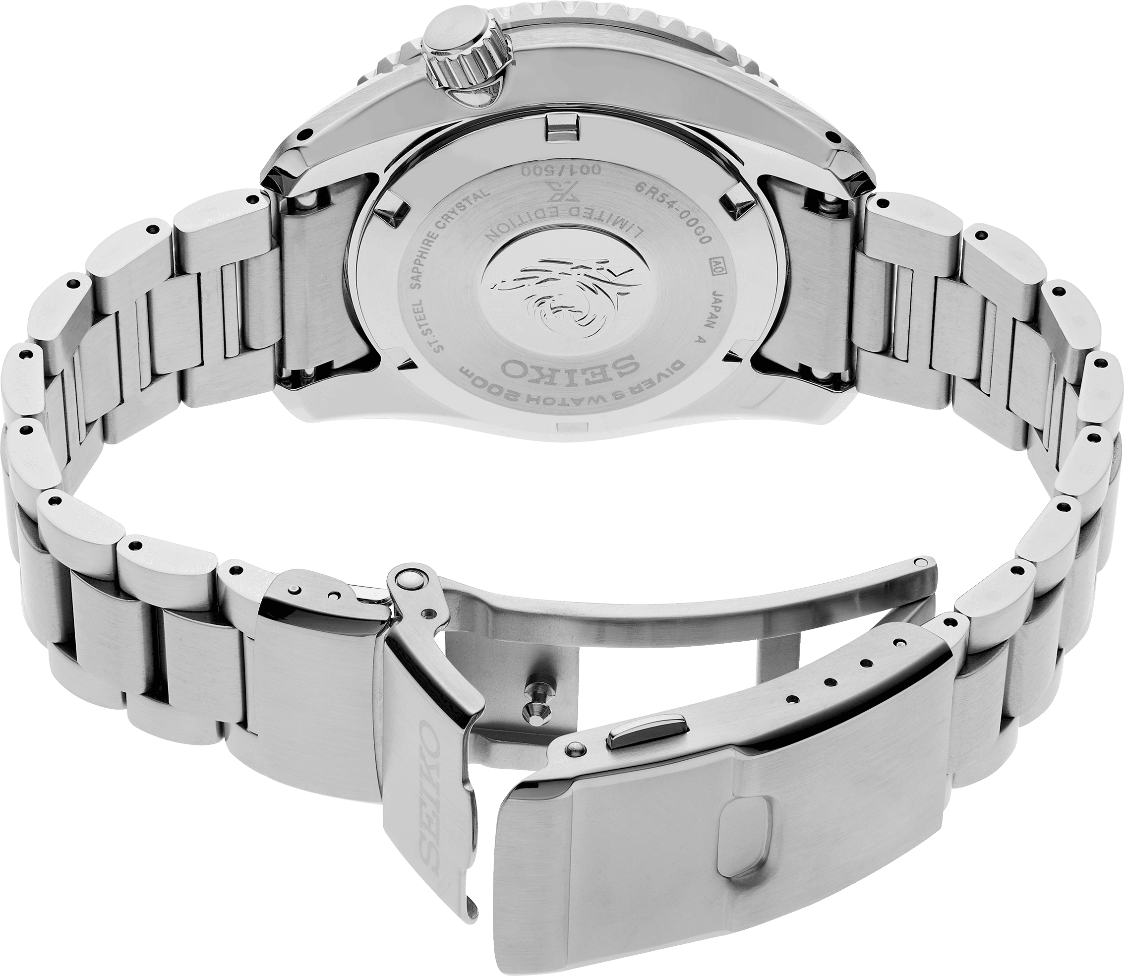 Orologio diver GMT, fondello in acciaio con incisioni e bracciale a maglie.