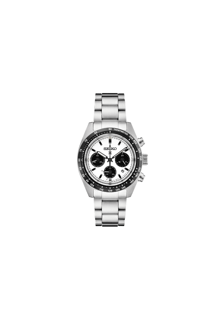 Orologio Seiko cronografo solare con quadrante panda bianco e bracciale in acciaio
