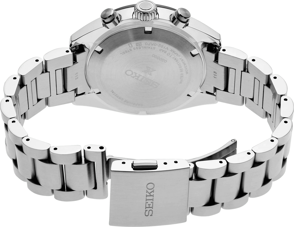 Orologio Seiko cronografo solare con fondello in acciaio e maglie del bracciale