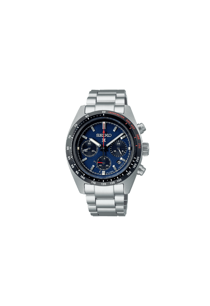 Orologio cronografo solare Seiko, quadrante blu, cassa rotonda 39 mm, cinturino acciaio