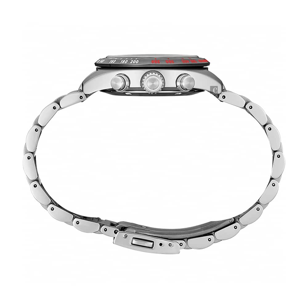 Orologio cronografo solare Seiko, cassa rotonda e cinturino acciaio, vista laterale