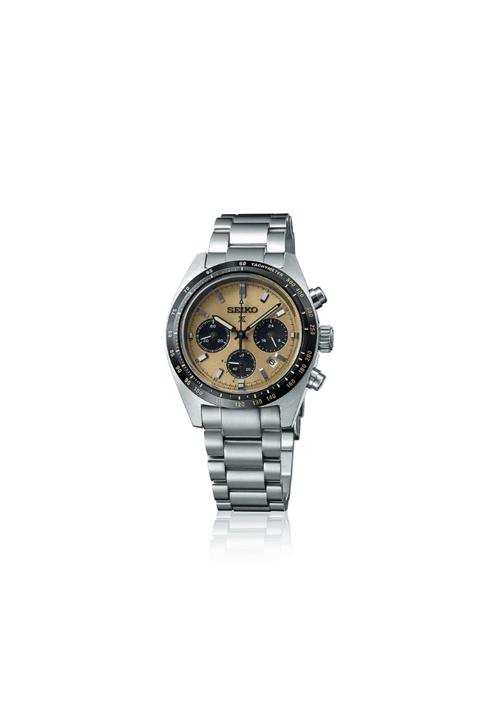 Cronografo solare SEIKO con quadrante giallo, cassa 39 mm, bracciale acciaio